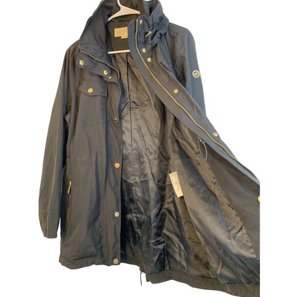 Michael Kors Black Hood Coat L Gold Zip Rain Wind Transition RR10487 Mid EUC - Picture 3 of 16